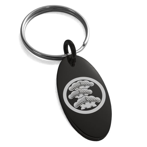 Stainless Steel Three-Tiered Pine Kamon Crest Engraved Small Oval Charm Keychain Keyring