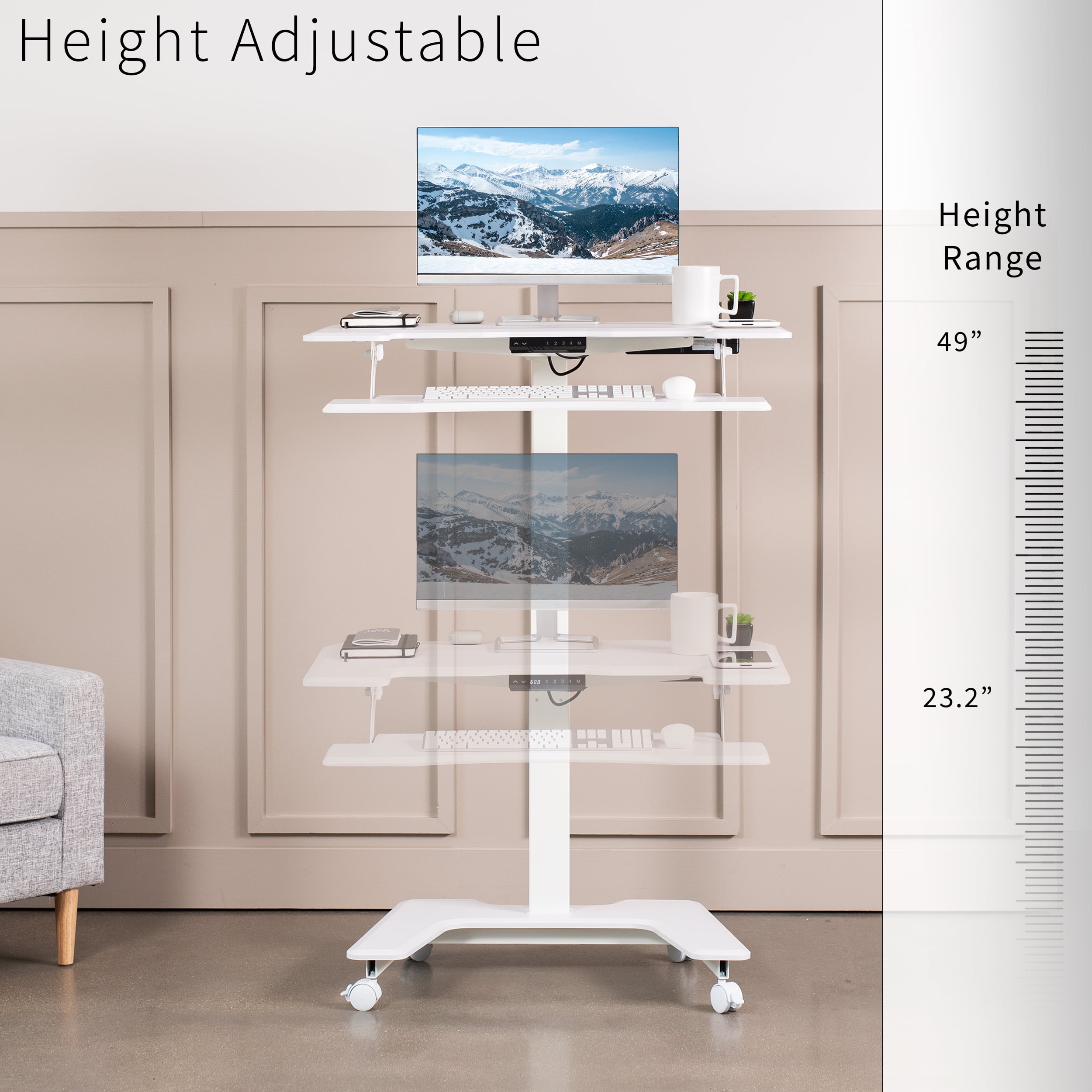 VIVO White 36" Electric Mobile Height Adjustable Two Platform Standing Desk