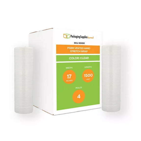 PSBM Vented Hand Stretch Wrap 17" x 1500' 4 Rolls Plastic Clear Film Enhanced Airflow for Frozen Foods