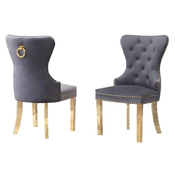Double Tufted Gray Velvet Side Chairs with Gold Stainless Steel Legs
