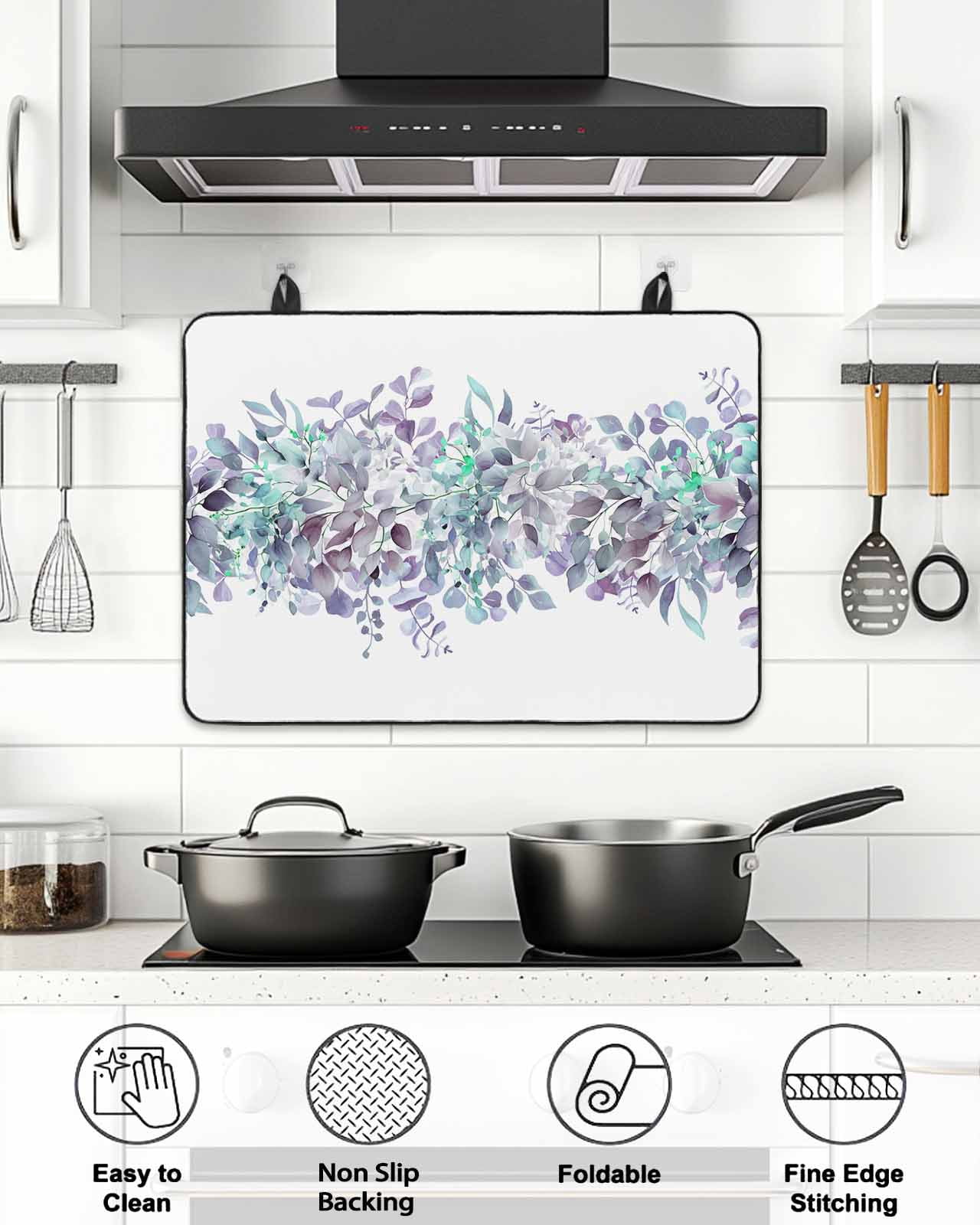 Stove Top Covers for Electric Stove, Purple Blue Eucalyptus Leaves Glass Stovetop Cover Protector, Spring Summer Botanical Floral Induction Cooktop Protector Oven Mat for Kitchen Countertop 24"x21"