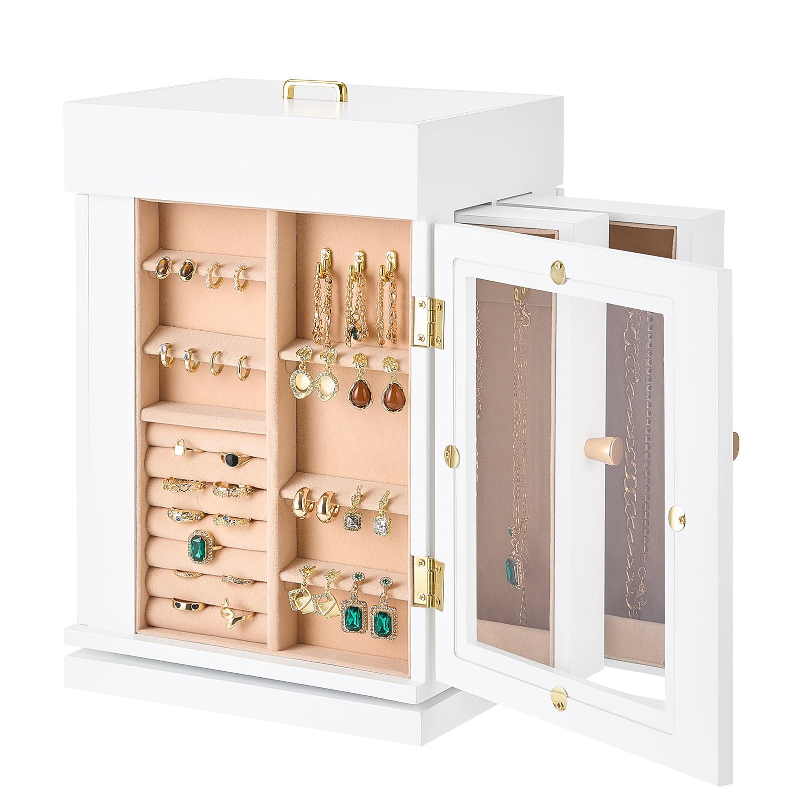 Jewelry Box Organizer with 360° Rotation, Magnetic Closure, Vertical Drawers, Metal Handle, for Rings Necklaces Earrings