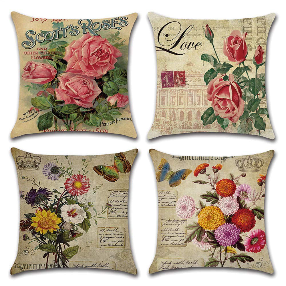 Vintage Flower Butterfly 18" Cotton Linen Sofa Pillow Case Cushion Cover Decor 