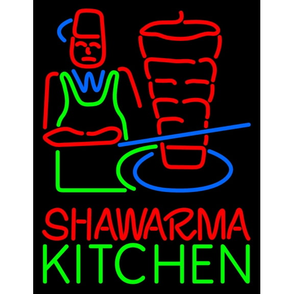 Shawarma Kitchen Logo LED Neon Sign 24 x 31 - inches, Black Square Cut Acrylic Backing, with Dimmer - Bright and Premium built indoor LED Neon Sign for restaurant window and interior decor.