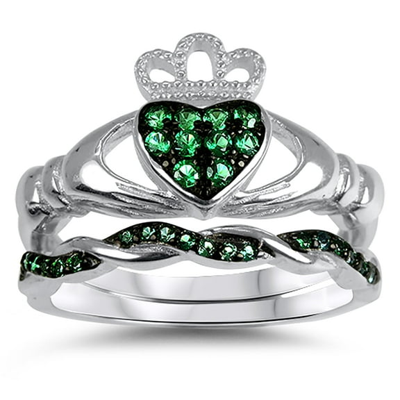 Celtic Wedding Rings Set Green Claddagh Bridal Engagement Ring CZ Sterling Silver Size 6