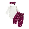 thumbnail image 2 of Loicainy Baby Toddler Girls Fall Outfit 3 6 12 18 24 Months Long Sleeve Romper with Flower Print Belted Pants and Headband Clothing Set, 2 of 7