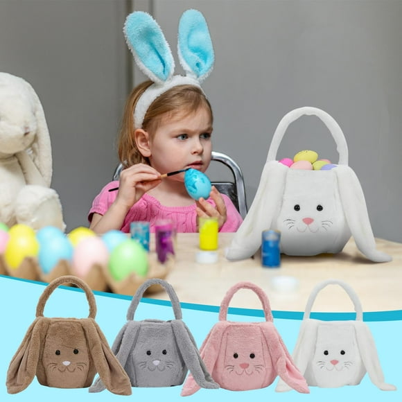 Tyidzon Bunny Easter Basket Egg Storage Basket, Plush Custom Easter Basket with Handle, Fluffy Egg Bags for Kids Girls Toddler Teenagers Gift White