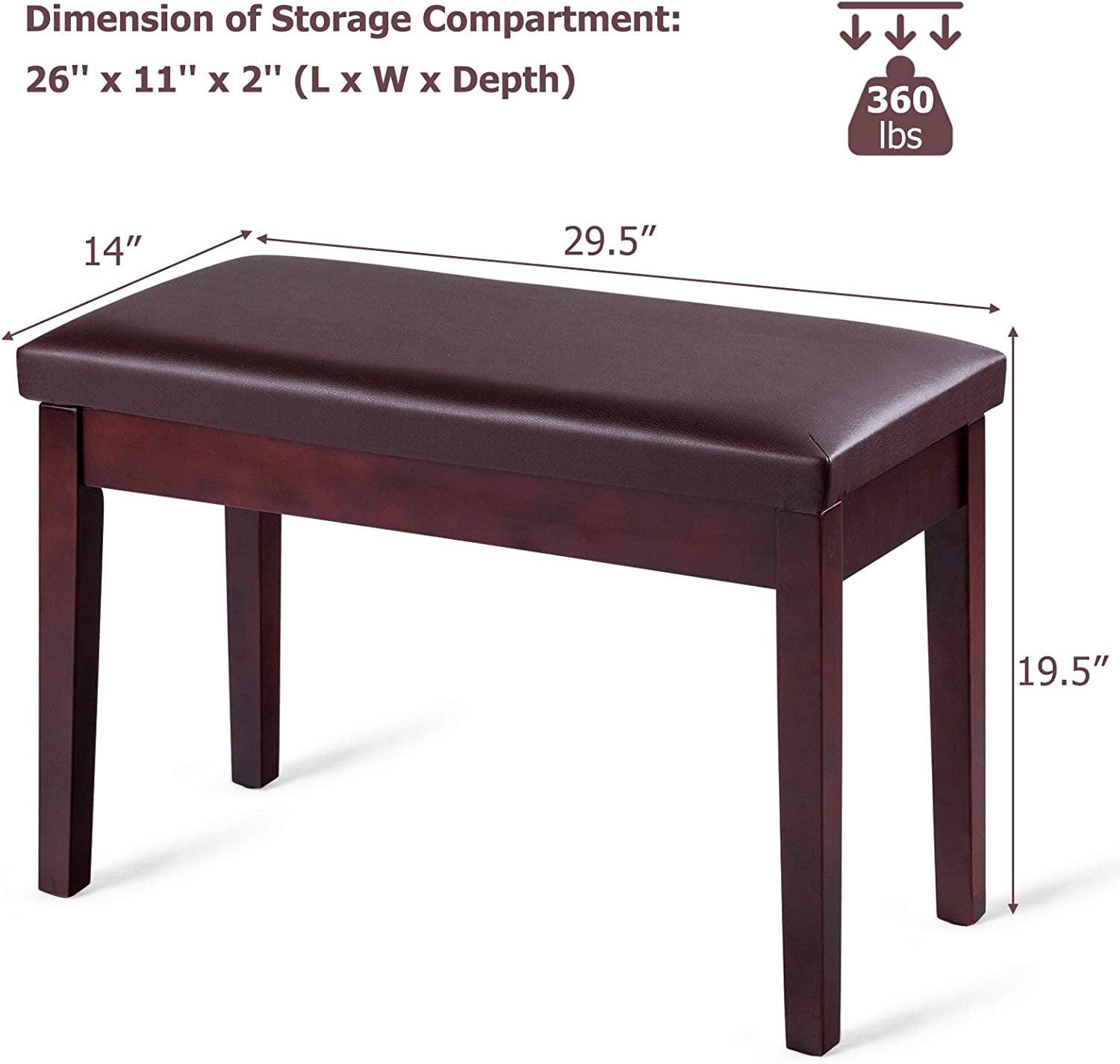 Brown Faux Leather Piano Bench, Solid Wood Construction, Padded Cushion Seat, Hidden Music Storage, Duet Size, Multi-functional Uses