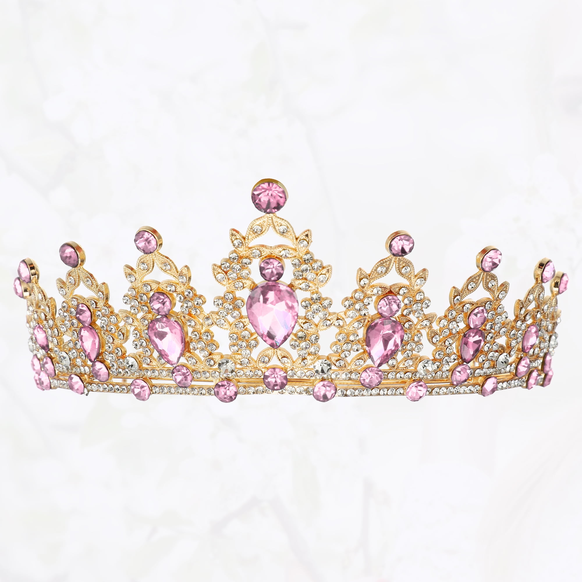 Unique Bargains Women Faux Crystal Queen Crown Tiara Rhinestone Gold Tone Light Pink