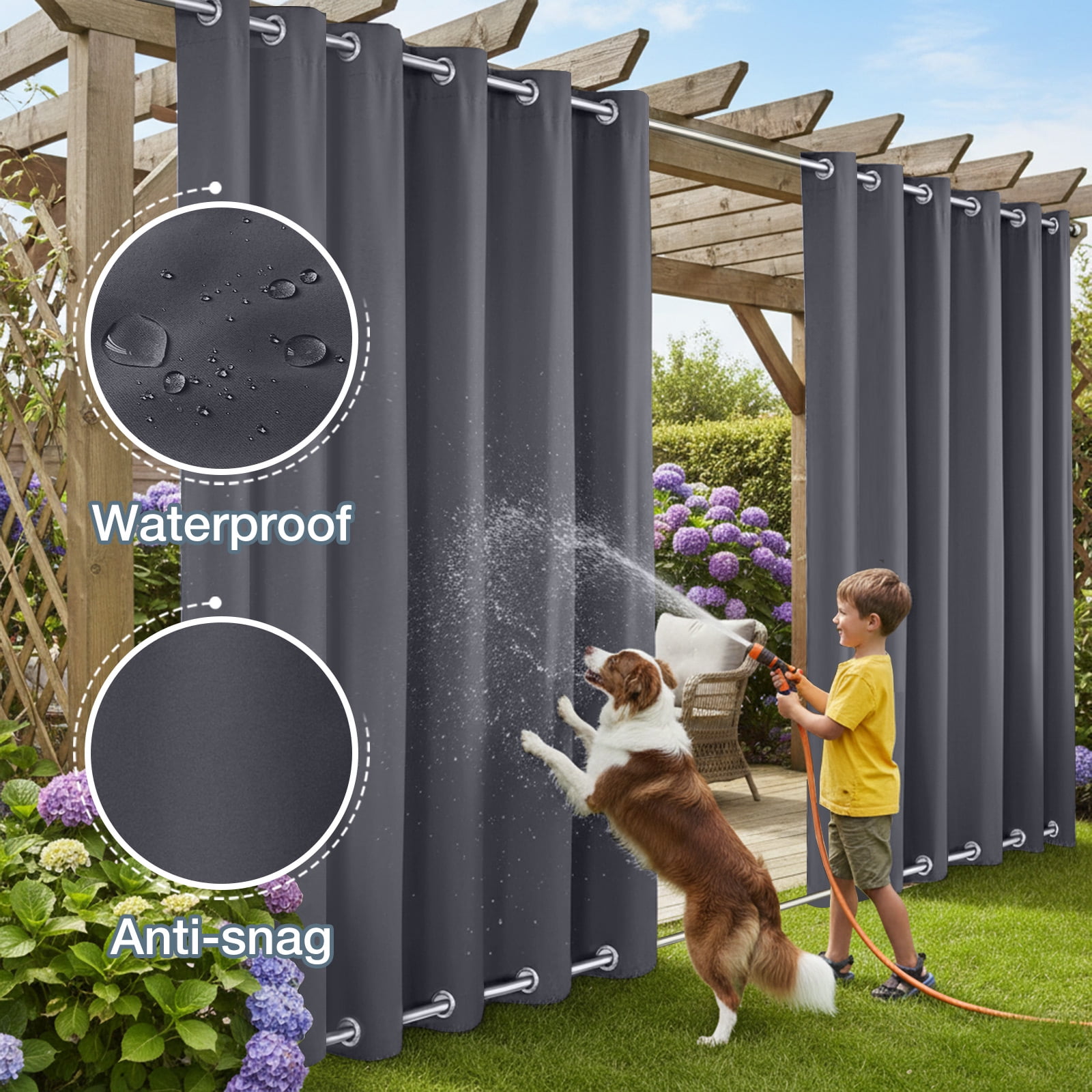 DONGPAI 100" Wide Outdoor Curtains for Patio Waterproof Blackout Privacy UV Resistant with Top and Bottom Grommet for Porch, Gazebo, Pergola, 100"x 96", Dark Gray, 1 Panel