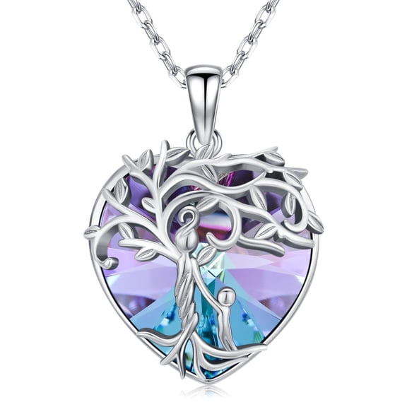 Coachuhhar Tree of Life Mom Necklace 925 Sterling Silver Nana Grandma Pendant Necklace with Heart Crystal Mother's Day Birthday Jewelry Gift for Women