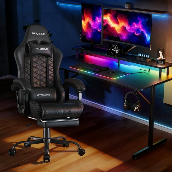 GTRACING LED Gaming Desk and Bluetooth Gaming Chair Set, Black