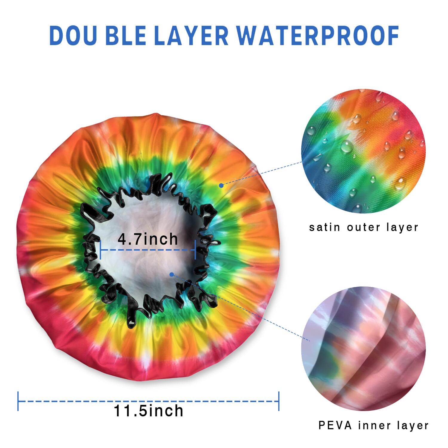 Shower Caps,Colorful Rainbow Tie Dye Spiral Pattern Waterproof Shower Cap for Women 4 Pieces,Double Reusable Hair Cover for Shower PEVA Elastic Stretch Hem