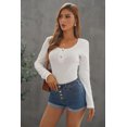 thumbnail image 2 of POGLIP Women's White Crewneck Buttons Ribbed Knit Long Sleeve Top, 2 of 6