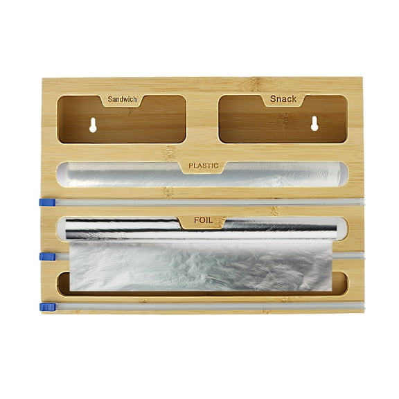 5 in 1 Bamboo Plastic Wrap Dispenser With Cutter Versatile Large Capacity Tin Foil Dispenser for Kitchen Restaurant Bakeries Fruit Store