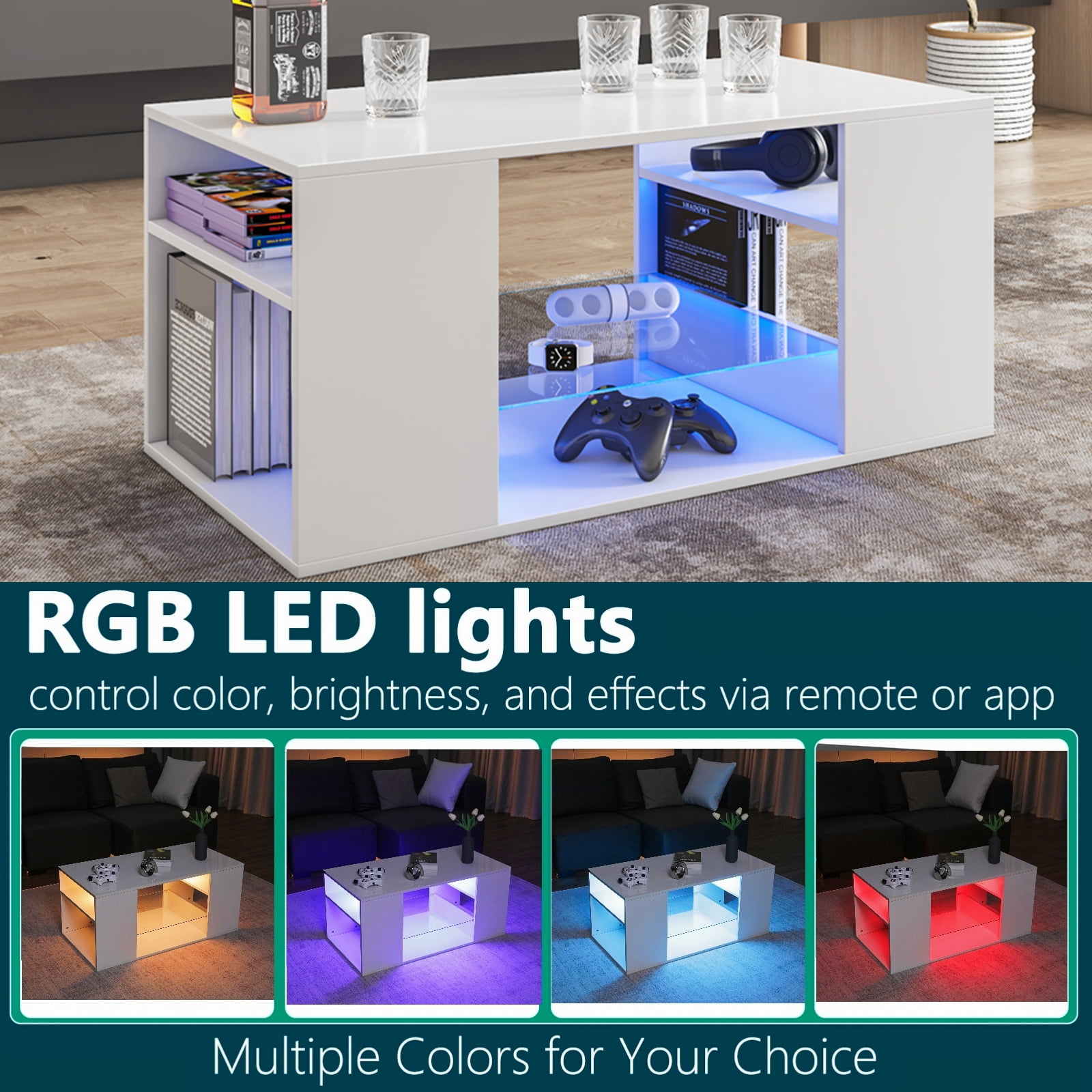 Hommpa White Coffee Table LED Coffee Table with Storage Modern Living Room Table Glass Open Shelves Rectangle Cocktail Center Tables High Gloss