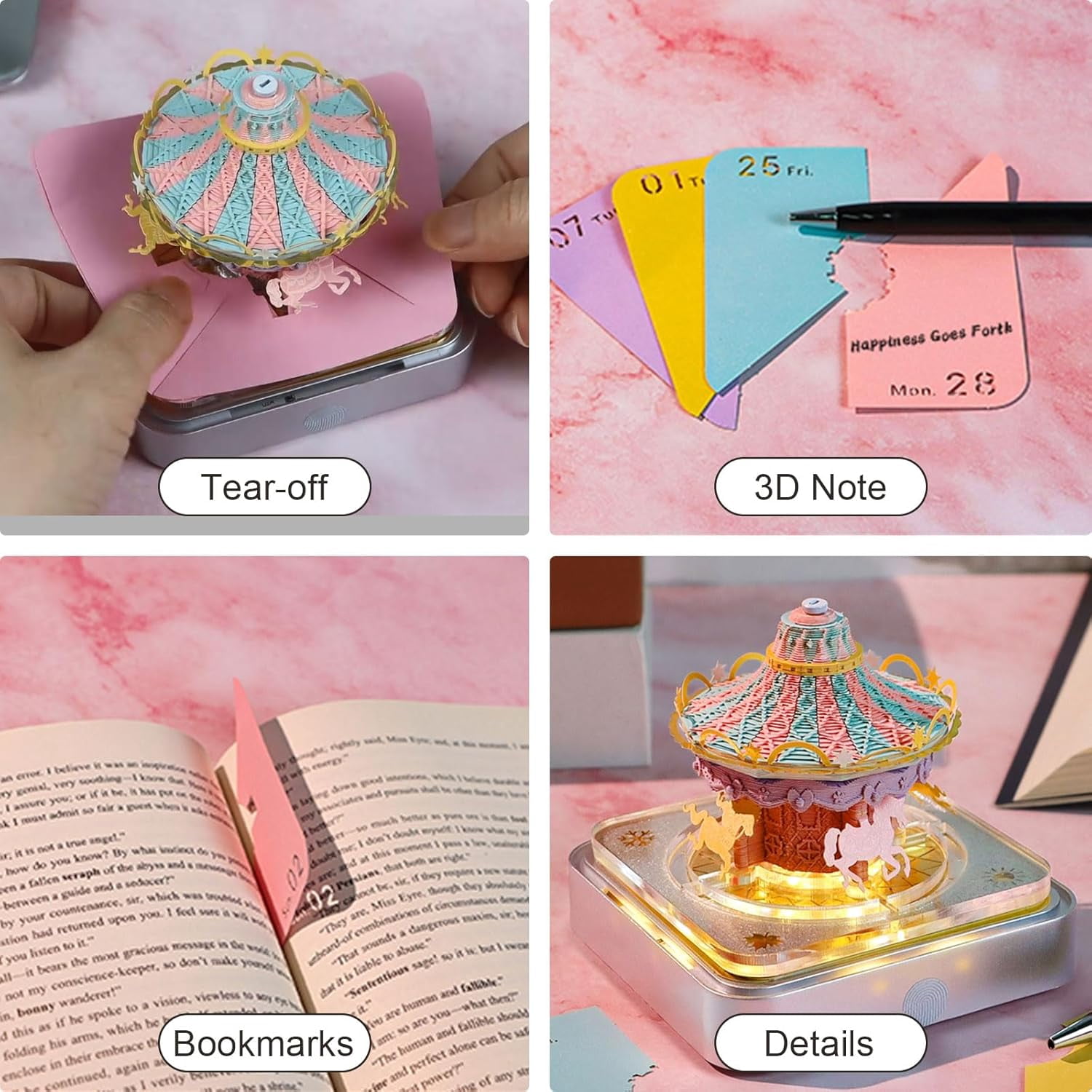 2026 Desk Calendar Carousel with Light, 3D Memo Pad Non-stick Post-it Notes School Office Home Stress Relief Calendar Best Gifts(Carousel)