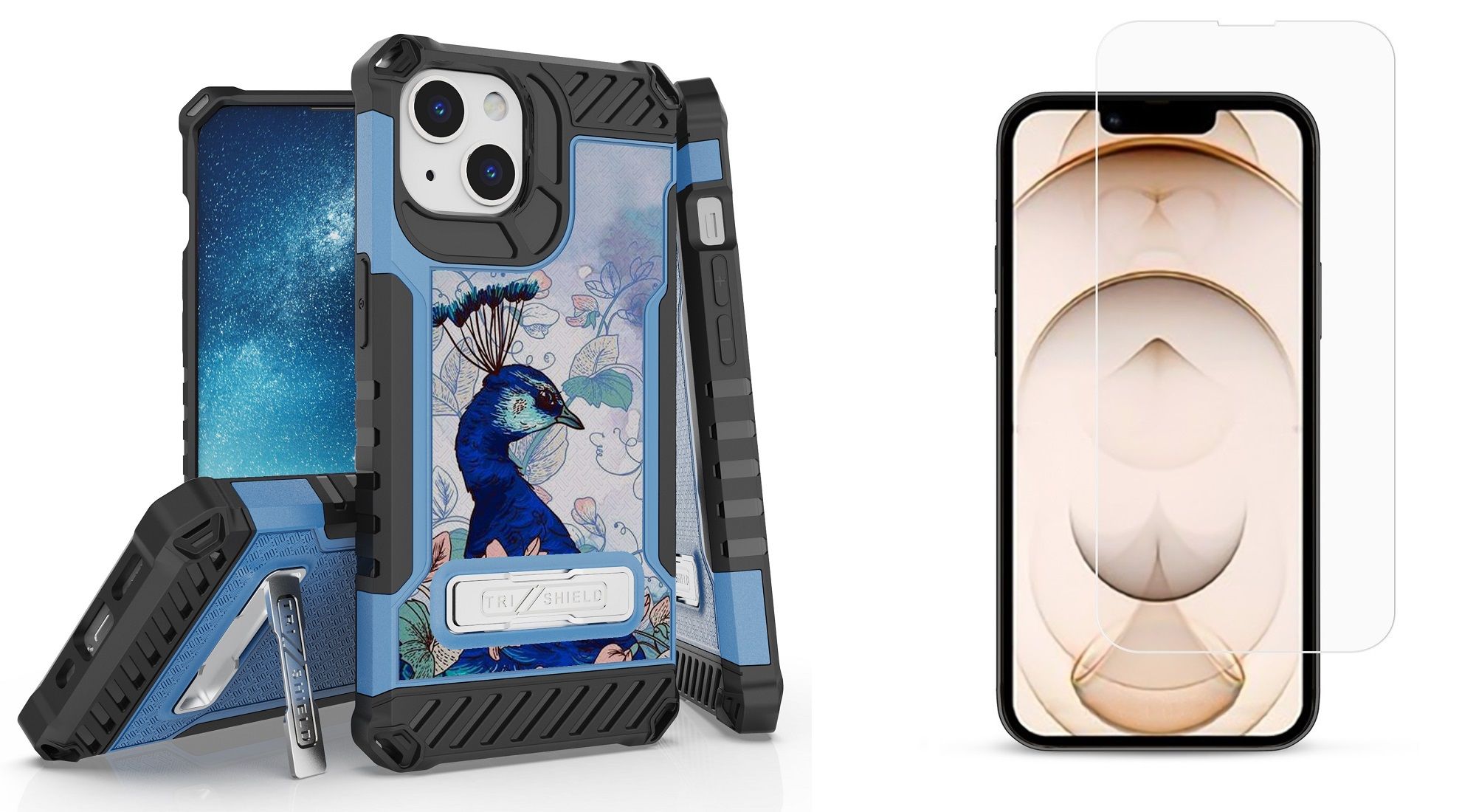 Bemz iPhone 13 Bundle: Tri Shield Shockproof Armor Rugged Case (Blue Peacock), Premium Glass Screen Protectors (2-Pack)