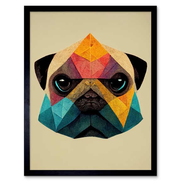Fun Geometric Colourful Pug Dog Art Print Framed Poster Wall Decor 12x16 inch