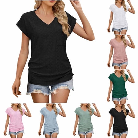 Women's V-Neck Short Sleeve T-Shirt Tops Blouses for Casual Daily Wear Work Office Vacation and Loungewear Solid Color Soft Basic Fashion Essential Gift for Ladies | Aestivo,Watermelon Red L
