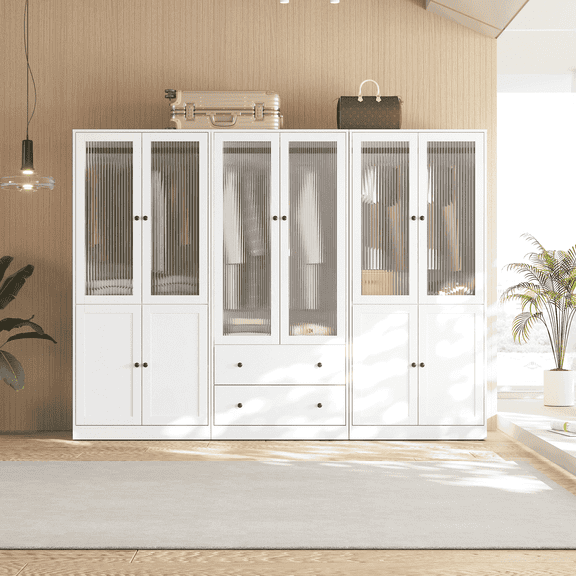 RichYa 3Pcs Armoire Wardrobe Closet with Hanging Rod,Clothes Storage Cabinet with Fluted Glass,Large Closet Organizer for Bedroom,White(ACC)