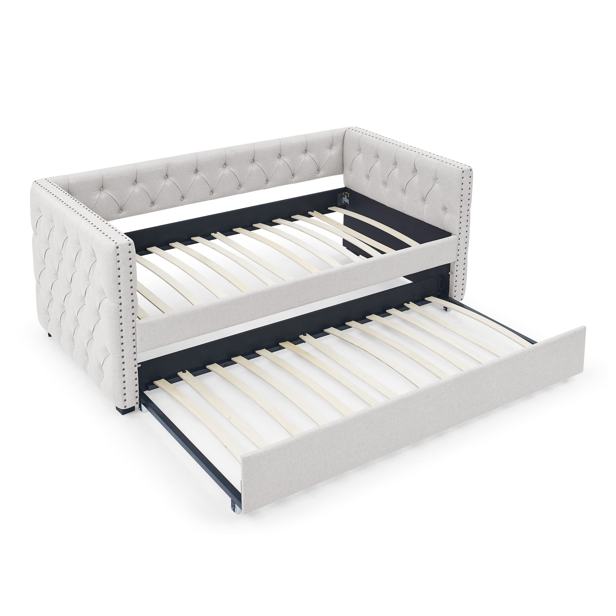 DEALTOPS Upholstered Twin Daybed with Trundle, Modern Wood Day Bed with Button Tufted Pull Out Sofa Bed Daybed with Copper Nail for Living Room - Beige