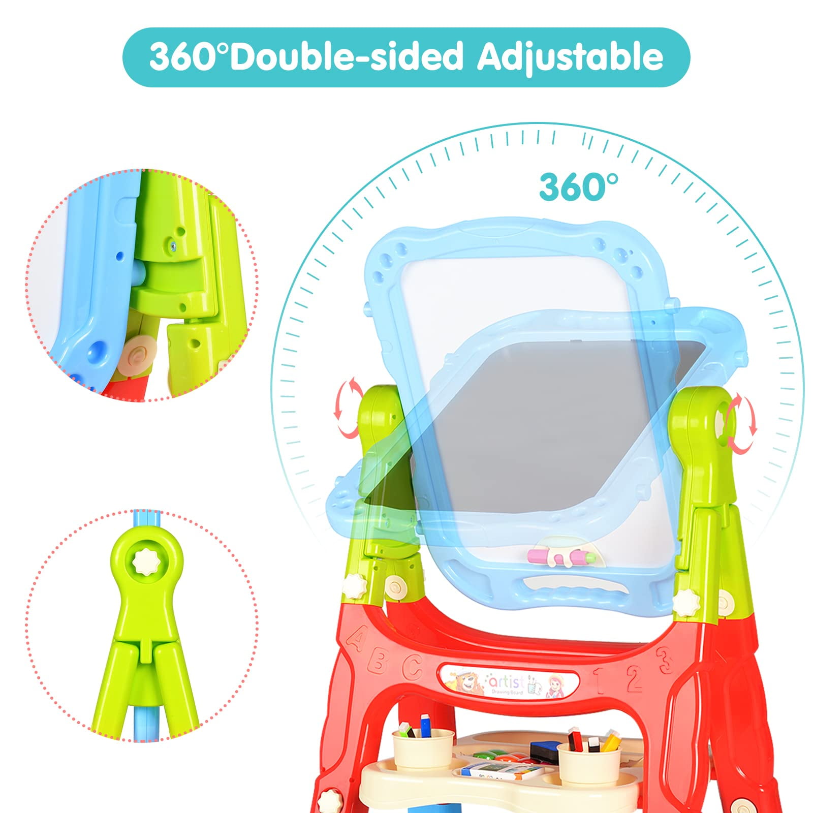 JBeeCtrl Easel for Kids Rotatable Double Sided White Board & Chalk Board Adjustable Standing Kids Art Easel w/ Paint Accessories for Boys Girls Birthday Christmas Birthday Gifts for Kids 3-6 Blue