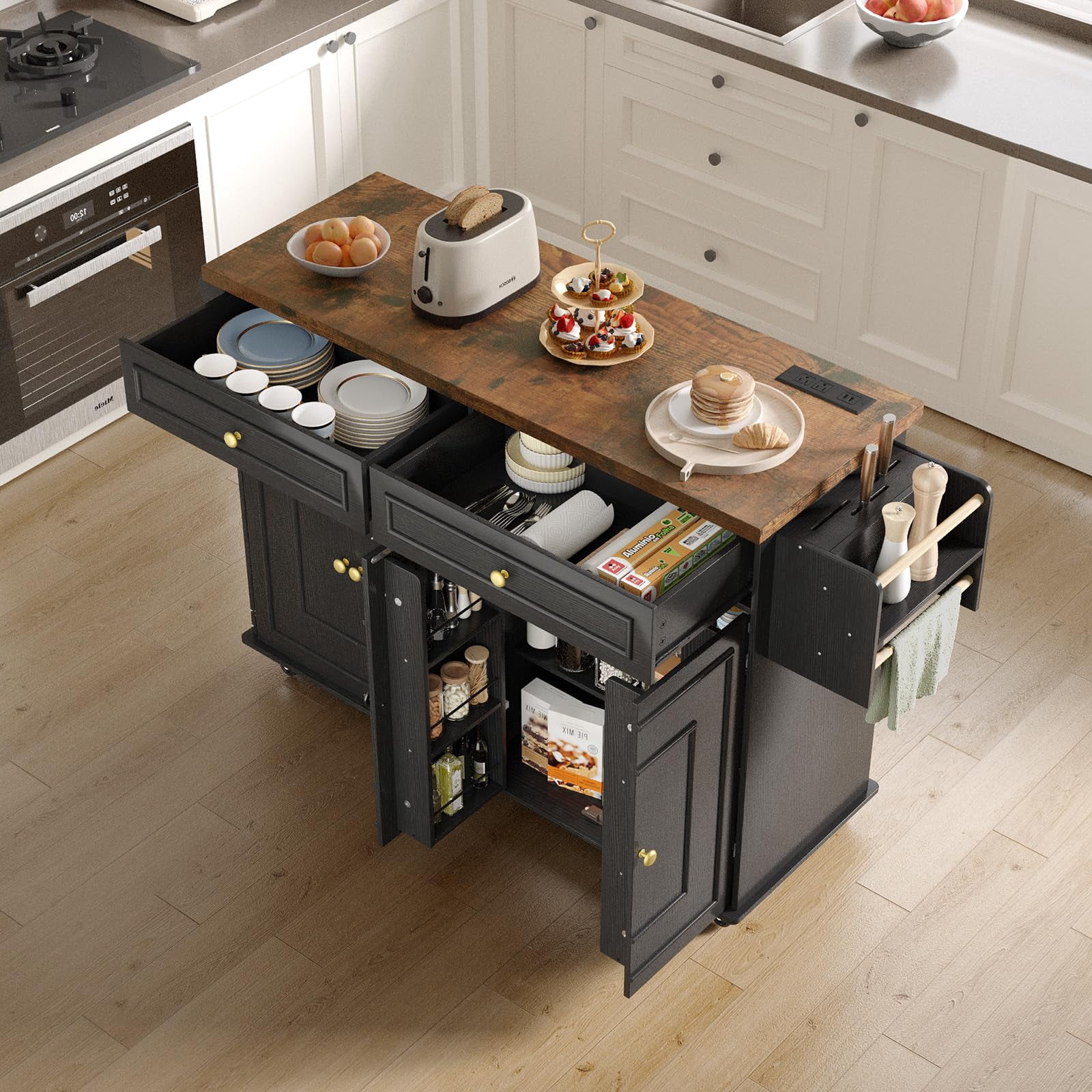 ROGALIS Mobile Kitchen Island, 58" Rolling Island Cart with Power Outlet, Island Table for Kitchen, Black