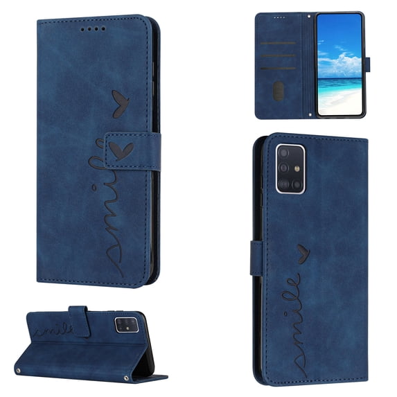 For Samsung A71 Case 5G Wallet Cover, PU Leather Kickstand Credit Card Pocket Slots Wrist Strap Magnetic Folio Heart Patterned Embossed Flip Cover for Samsung Galaxy A71 5G, Blue