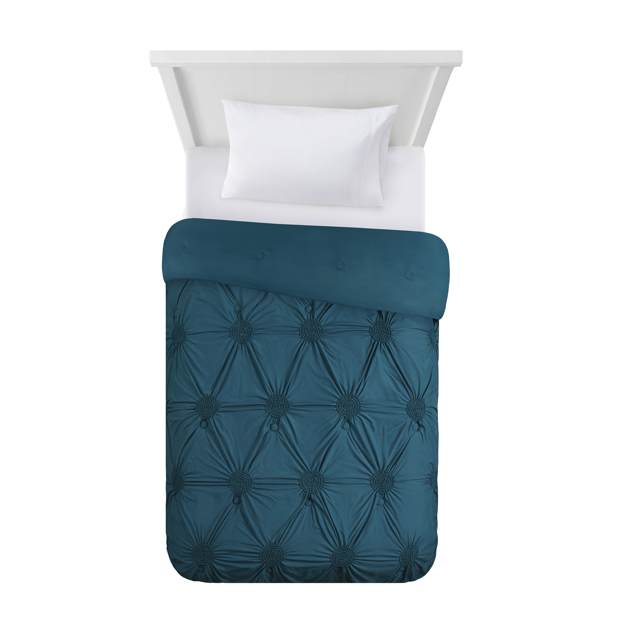 Mainstays Solid Microfiber Ruched Comforter in a Bag, King, Teal