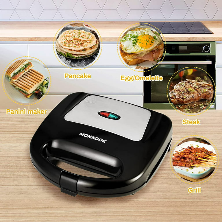MONXOOK Panini Maker, 750W Sandwiches Maker, Double Sided Non-Stick Plates,  Auto Temp Control, Cold-touch handle, Indicator Lights, for Hot Sandwiches,  Burgers, Chicken, Easy Cleaning 