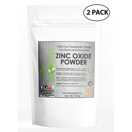 Zinc Oxide Powder By Sky Organics 16oz- Uncoated & Non-Nano- 100% Pure Cosmetic Grade- For DIY Sunscreen, Lotion, UVA and UVB protection- Ideal for Diaper Rash Cream (2 (Best Sun Cream For Heat Rash)