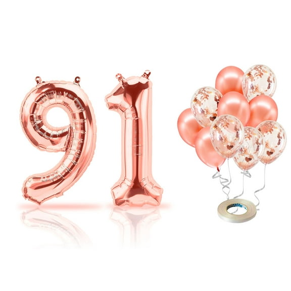 PARIS PRODUCTS - 91st Birthday Rose Gold Balloons & Number 91 Mylar Balloon, 91st Birthday Party Decor, 91st Birthday Decorations for Woman, 91st Birthday Decorations Woman