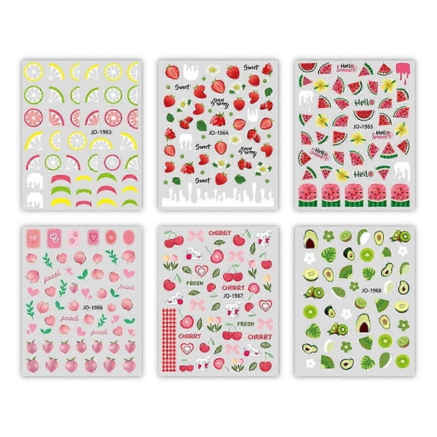 6 láminas de pegatinas autoadhesivas de frutas de verano para uñas de gel, ideales para decorar tus uñas.