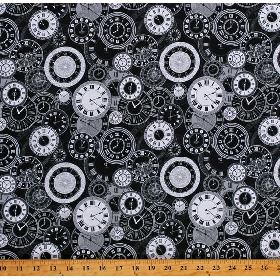 Cotton Clocks Time Vintage-Look Black Clocks on White Cotton Fabric Print by the Yard (1121-3068BLACK)