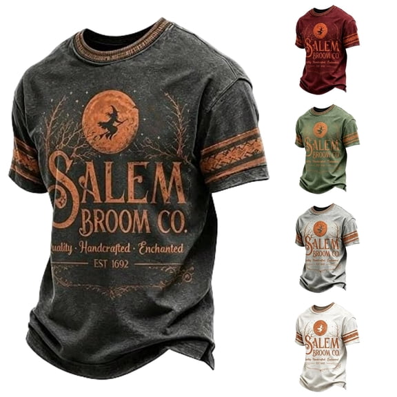XIAOCHA Men's Halloween Witch Print T Shirt Short Sleeve Crew Neck Salem Broom Pullover Top, Black, Sizes L
