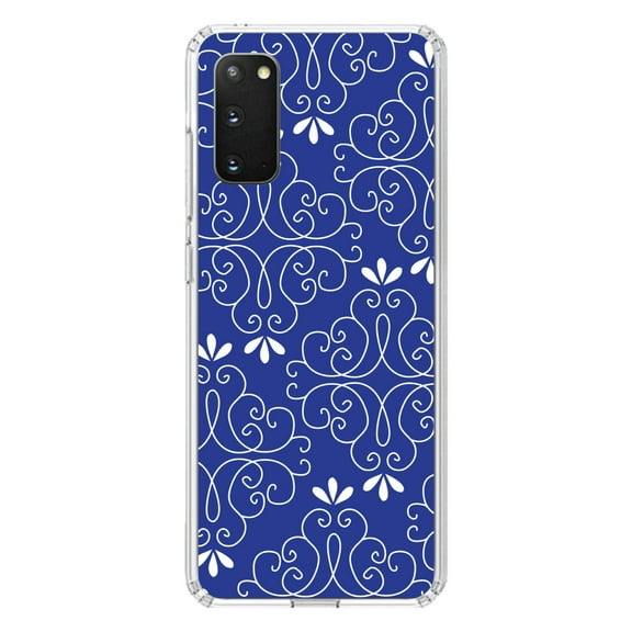 DistinctInk Clear Shockproof Hybrid Case for Galaxy S20 PLUS / 5G (6.7" Screen) - TPU Bumper, Acrylic Back, Tempered Glass Screen Protector - Dark Blue White Floral
