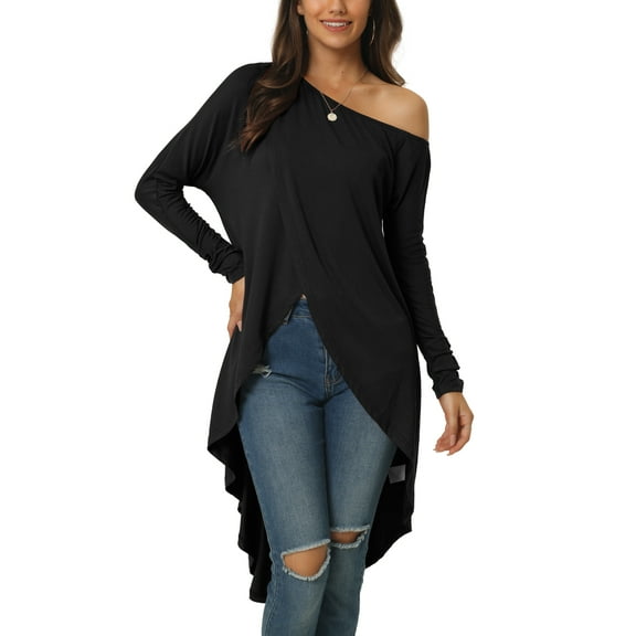 INSPIRE CHIC Women's One Shoulder Long Sleeve High Low Asymmetrical Irregular Hem Casual Tops S Black