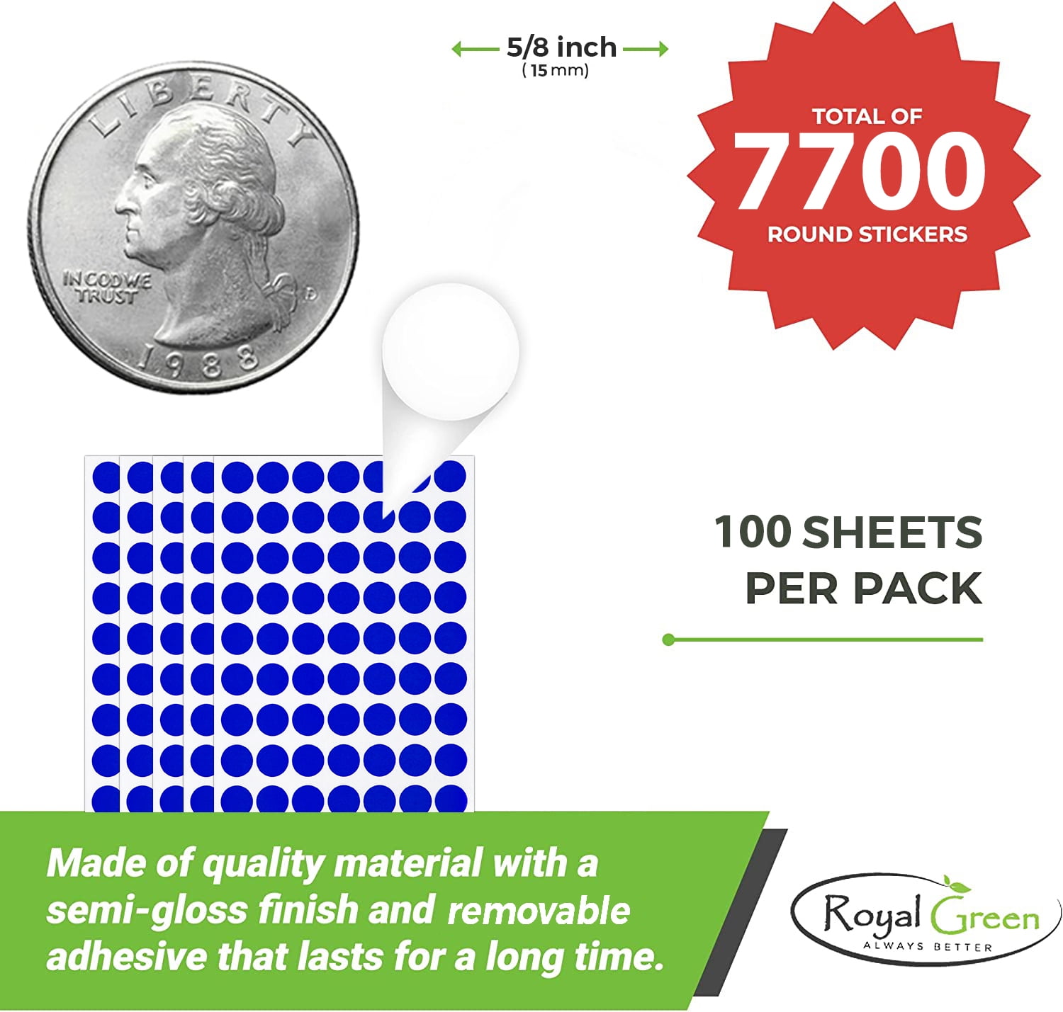 Royal Green Removable Labels Easy Peel Off 1.5cm No Residue Color Code Stickers Round 15mm 7700 Pack - (Grey)