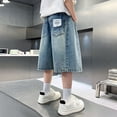 thumbnail image 4 of Boys' Denim Shorts - Blue, Elastic Waist, Roll-Up Cuffs, Comfortable Fit, Casual Wear Back To School Outfits, 4 of 5
