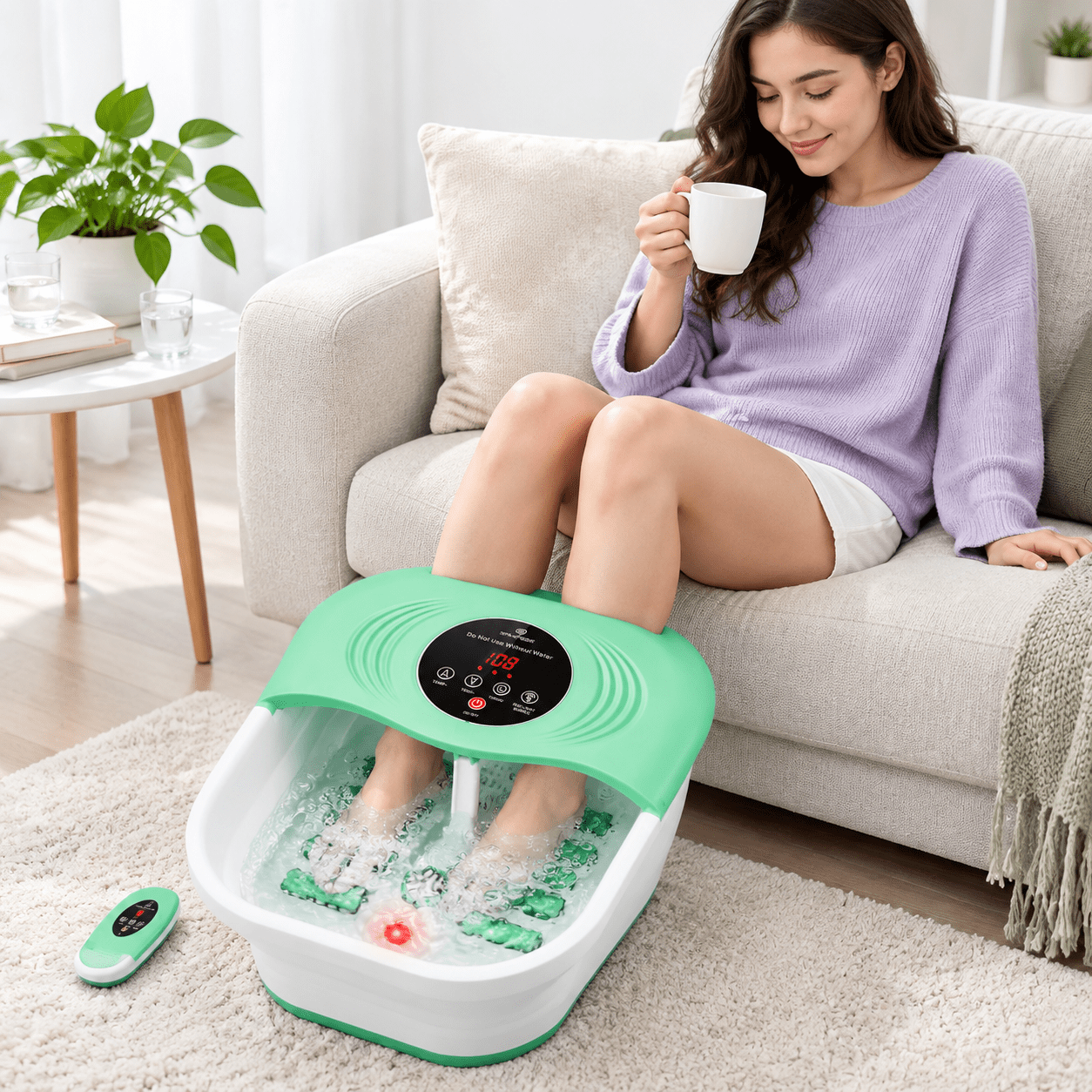 Light Green Collapsible Heated Foot Spa Bath with Bubble, Shiatsu Rollers and Pumice Stone