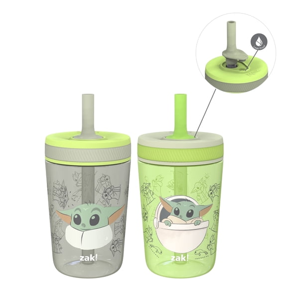 Zak Designs 15oz Star Wars The Mandalorian Kelso Travel Straw Tumbler Plastic and Silicone with Leak-Proof Straw Valve for Kids, 2pcs Set, Baby Yoda, Grogu