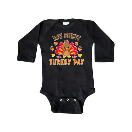 

Inktastic My First Turkey Day with Turkey and Leaves Gift Baby Boy or Baby Girl Long Sleeve Bodysuit