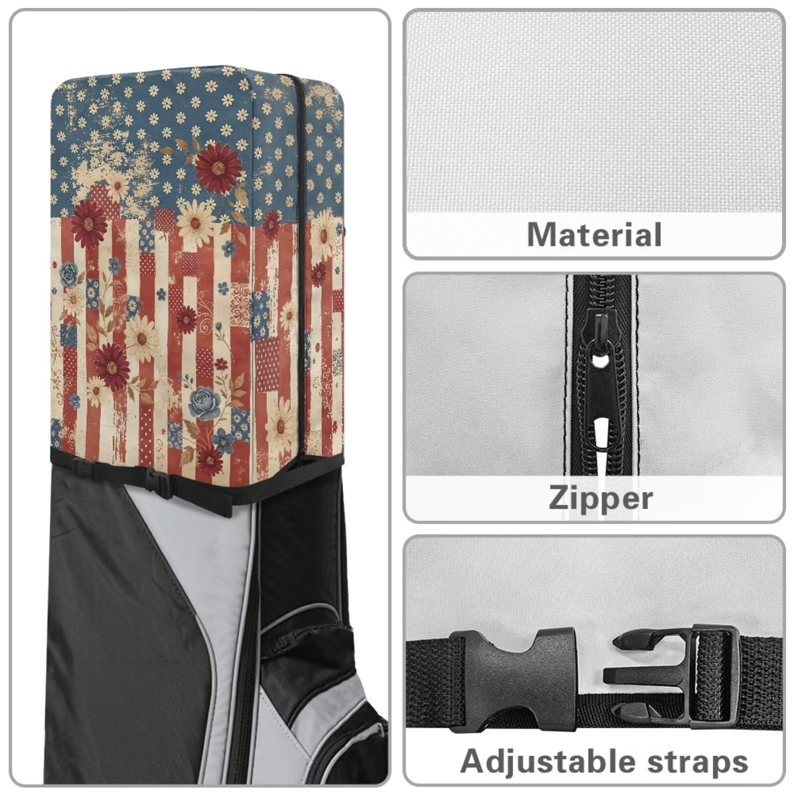 Chririnla American Flag Golf Bag Cover Rain Hood Universal Fit Dustproof Daisy Golf Club Bags Rain Cover Waterproof Foldable Easy Storage 1260D Polyester Fits Golf Staff & Cart Bags