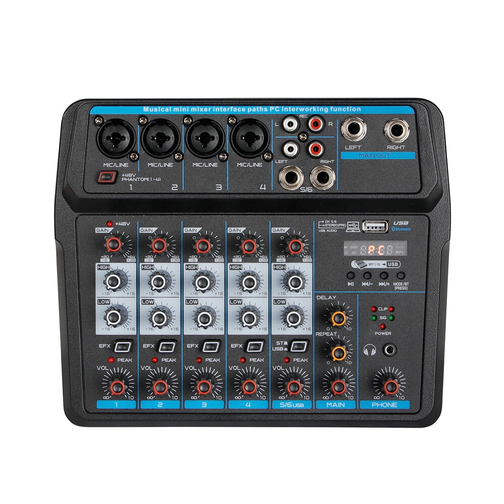 6 Channels 48V Professional Audio Mixer Black Plastic Professional Mixer Rectangular DJ Mixer with Practical Knobs