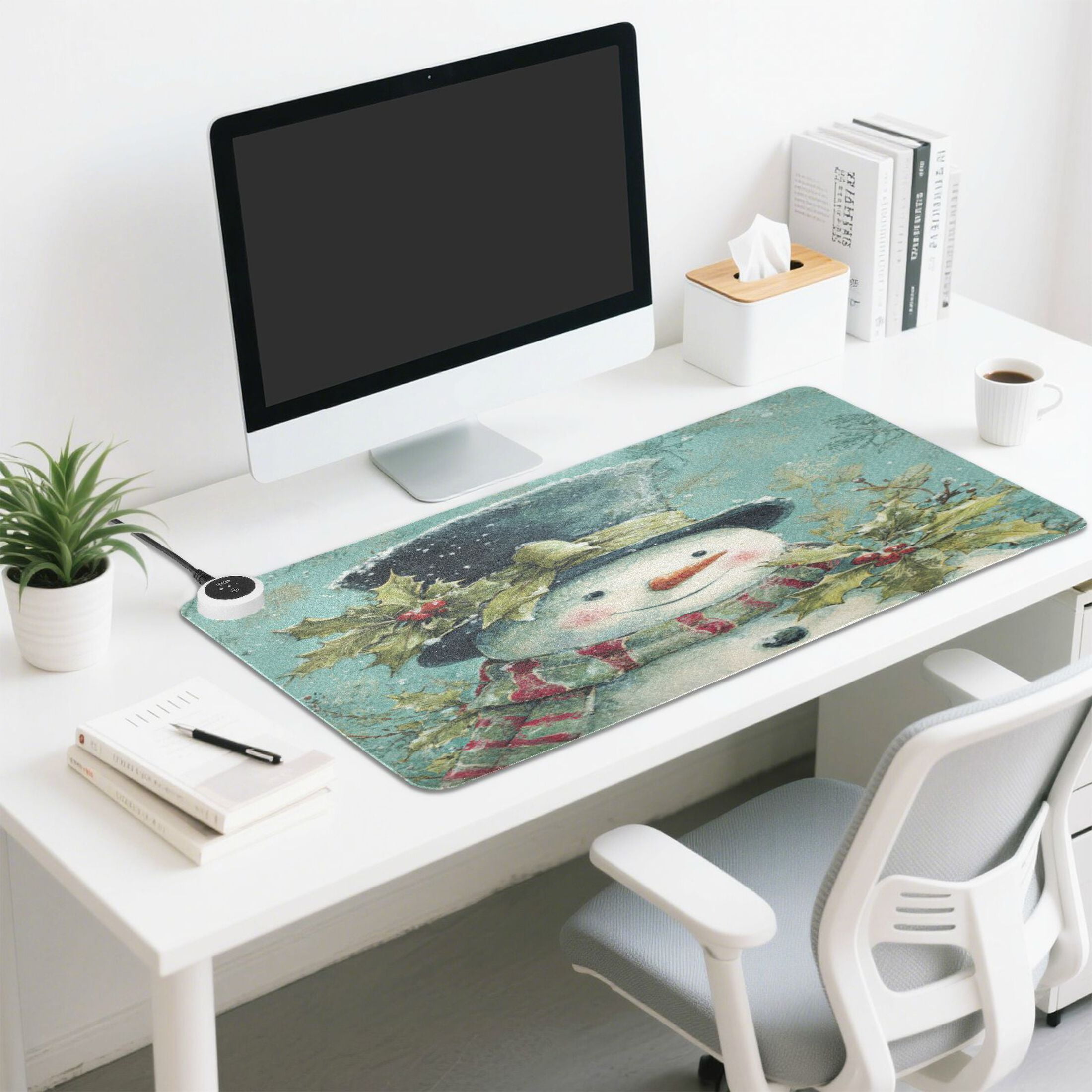 Wobogo Vintage Snowman Heated Mouse Pad Extra-Large Desk Mat With 3 Heating Levels and 3-hour Auto Shut-Off Protection Ideal for Computer Keyboards Home Office Hand-warming Essential 31.5in × 13in