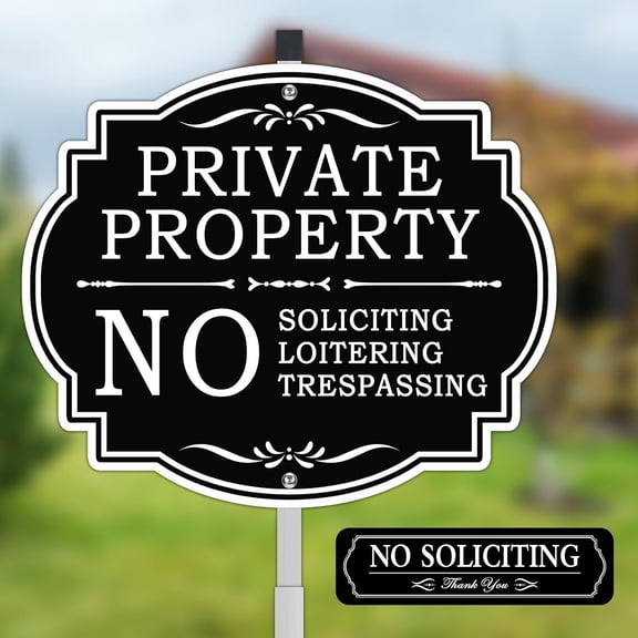 No Soliciting Sign for House with Metal Stake, 12" x 28" Private Property No Trespassing No Loitering Sign for Yard, Heavy Duty Weather Resistance Sign- Easy Installation