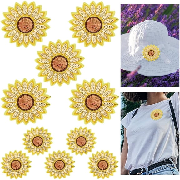 10 Pcs Sunflower Sequin Patches Durable Golden Bling Sequin Sunflower Sew on Iron on Applique Repair Patch DIY Craft Accessories Appliques Shirts Coats Jackets Backpacks Hats Jeans