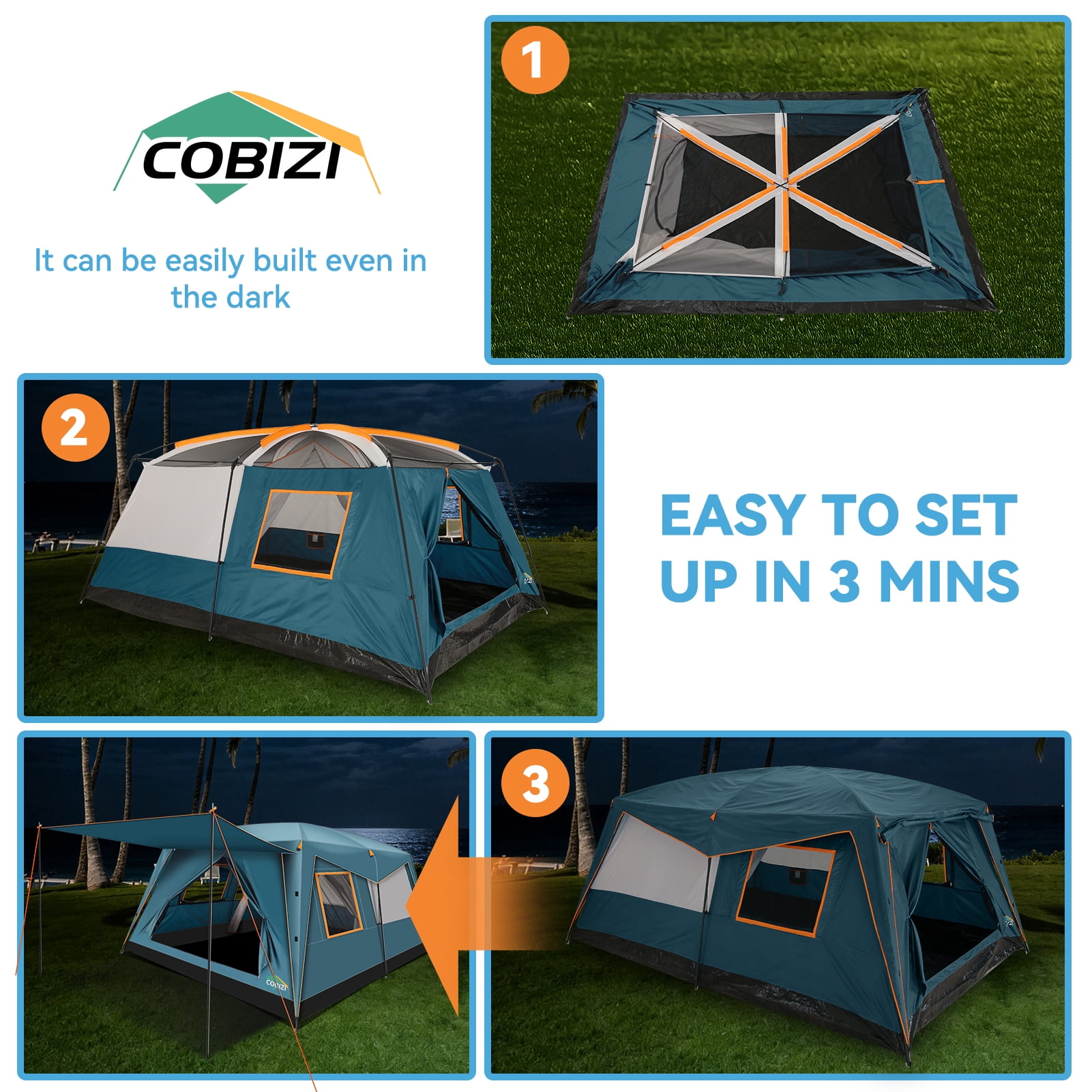 HOTEEL 10 Person Camping Tent, Easy Setup Waterproof Windproof Backpacking Tent with Removable Rainfly, Lightweight Portable Outdoor Family Tents for Camping, Travel, Fishing, Hiking, Blue