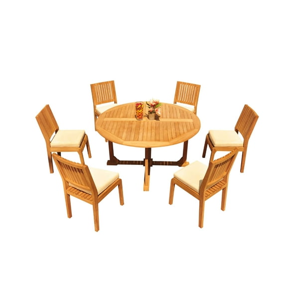 Grade-A Teak Dining Set: 6 Seater 7 Pc: 60" Round Table And 6 Maldives Armless Chairs Outdoor Patio WholesaleTeak #51ML1207